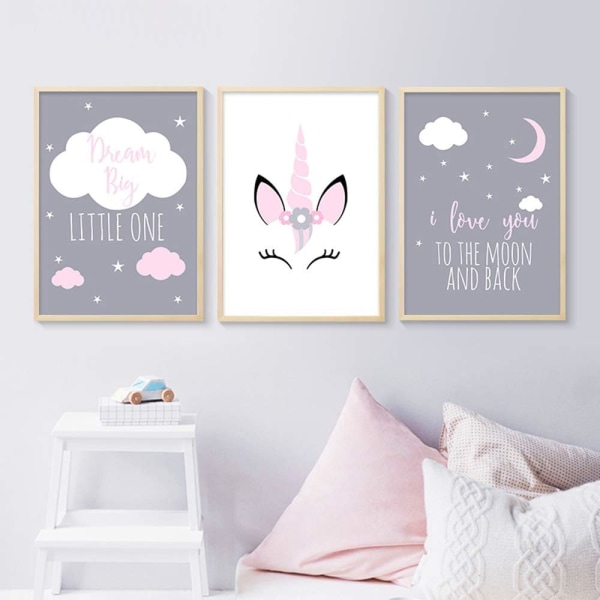 3 plakater 40x50 cm Børnevæg-dekoration Babyværelsesdyr Unicorn Q