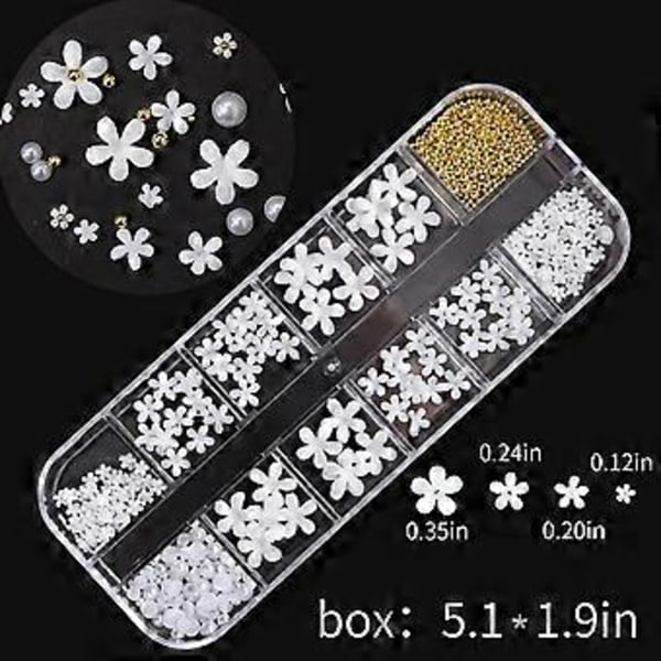 3D Blommig Nagelkonst Berlocker Set Glitter Vita Blommor Pärla Nagelkonst Gyllene Caviar Pärlor Nageldekoration Akryl Nagelkonst Nitar Nageltillbehör Verktyg