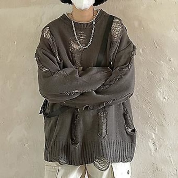 Mænd Efterår Vinter Trøje Rippet Falsk Todelt Hip Hop Hullet Strikket Rundhals Langærmet Løstsiddende Blød Tyk Varmt Streetwear Mænd Trøje (L Sort)