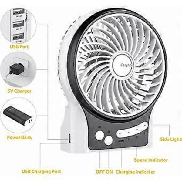 Akku-tuuletin, Kannettava Ladattava Pöytätuuletin Voimakas Ilmavirta Hiljainen Henkilökohtainen Mini USB-tuuletin 3 Nopeutta Taskulampulla & Sinisellä Valolla Pöydän Jäähtyvyys Tuuletin
