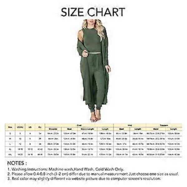 3-delt sæt til kvinder - Pyjamas til efterår/vinter - Hjemmetøj - 3-delt loungewear sæt - Vest, bukser, cardigan (XL olivengrøn)