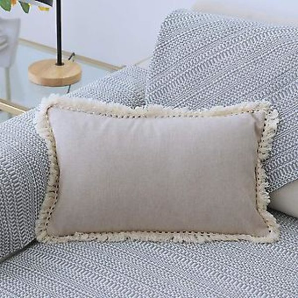 Bondkuddar med fransar i bomullslinne i lantlig stil, dekorativa ryggkuddar, kuddfodral för soffa, sovrum, bil (beige 03, 12\"x20\")