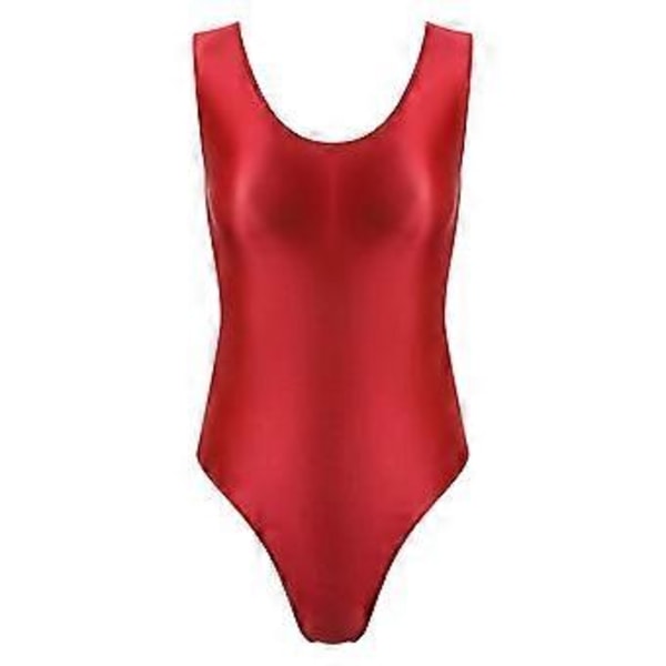 Glanset ryggløs body for kvinner, badedrakt, høy skjæring, ermeløs leotard for sport, trening, yoga (XL rød)