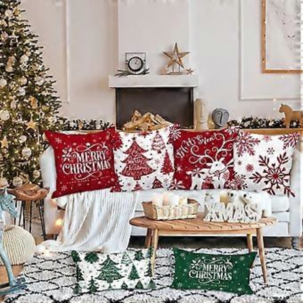 Vita och Röda 12x12 Jul Kuddfodral Set om 4, Dekorativa 12 Tums Vinter Snöflinga Kuddfodral Jul Kuddfodral för inomhus