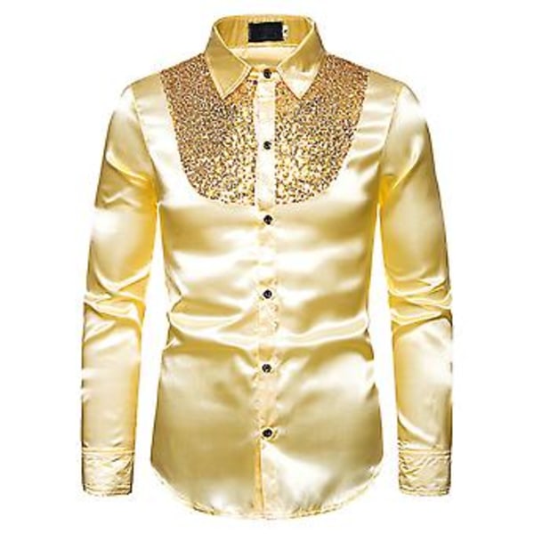 Mænds Sequins Slim Fit Knapløs Skjorte Fest Langærmet Kjole Skjorte Casual Tops (S Guld)