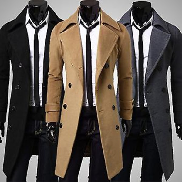 Fianao Lang Trenchcoat Dobbelknappet Ensfarget Høst Vinter Vindtett Tykk Jakke (XL Grå)