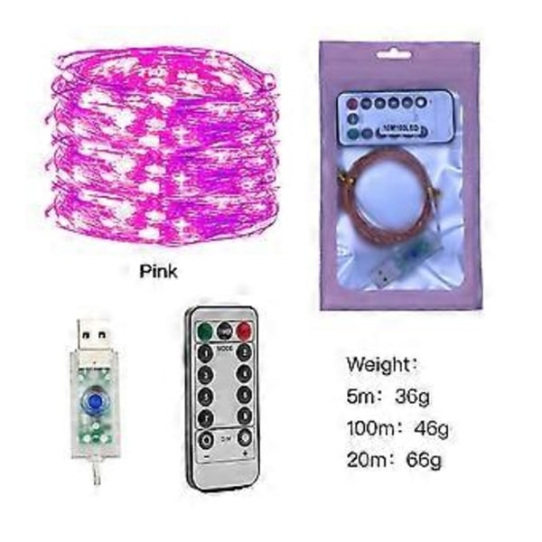 2023 Nya USB-anslutna koppartrådslampor med fjärrkontroll, 8 lägen, vattentät timer för juldekoration 50/100/200 LED (10M 100 lampor Rosa)