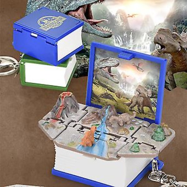 3D Dinosaur Bognøgle til Børn - Mini Foldbar Pop-up Dinosaur Verden i Gaveæske - Sjov Nøglering Legetøj (Grøn)