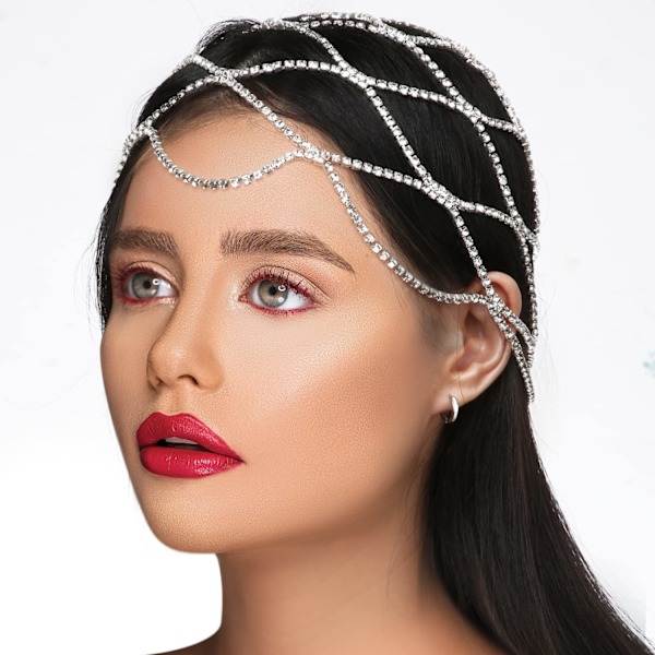 Smykkehodeplagg, Krystallhodeplagg Smykkehode Kjede Mesh Sølv Hode Kjede Smykker Skinnende Boho Stil Tilbehør for Kvinner Bryllup