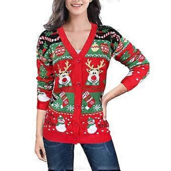 Kvindes Uglelig Jul Cardigan Trøje Jule Sjov Xmas Knapliste Strikket Frakke Yderbeklædning (XL Rød)