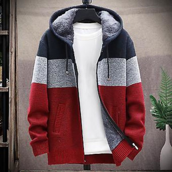 Hettejakke for menn i fargeblokk, strikket, tykk, med plysjforing, varm cardigan-genser for kontor (2XL Blå)