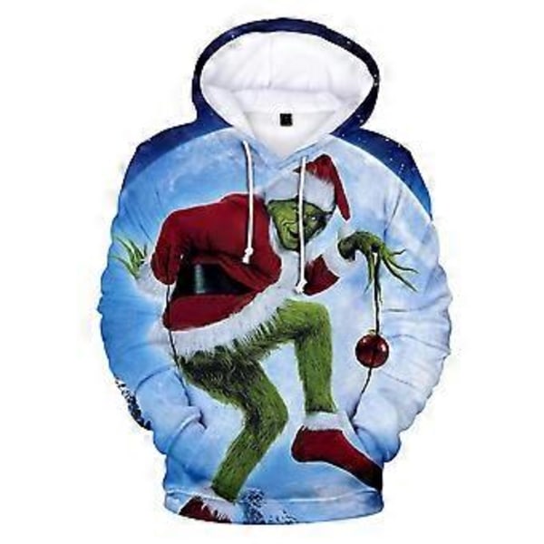 Hettegenser med 3D-trykk for menn og kvinner - Jul, Grinch - Langærmet, hettegenser, genser, hettegenser, løs juletopp, gave (2XL D)