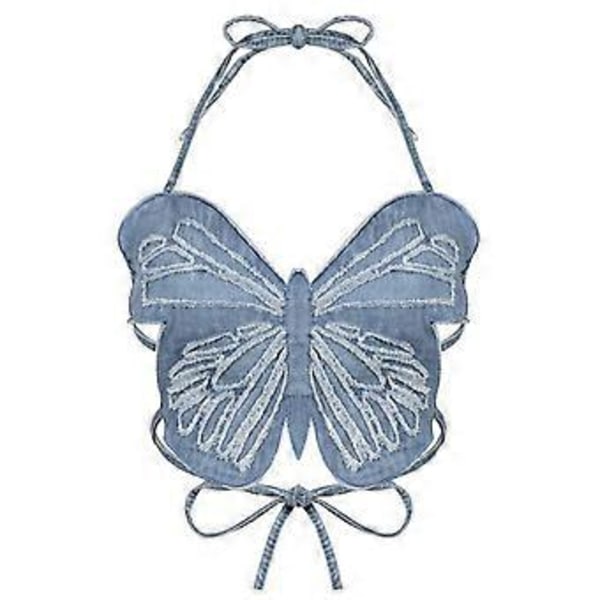 Y2K Fjäril Jeans Crop Top Rygglös Rem Sexig Blå Söt Party Träningsoverall Dam Strand Semester Mini Väst Sommar T-shirt Koreansk Mode (XL)