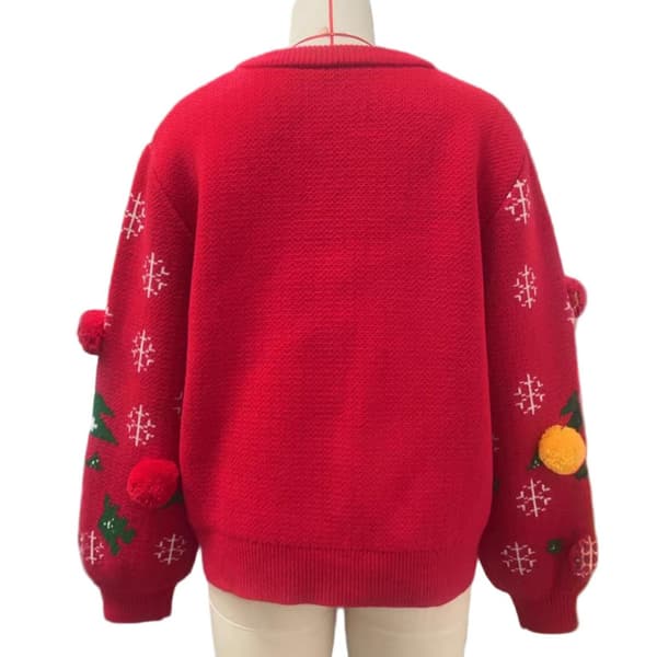 Strikket jule-pullover til kvinder – Rundhalset sweater med 3D farverige pom-pom detaljer S