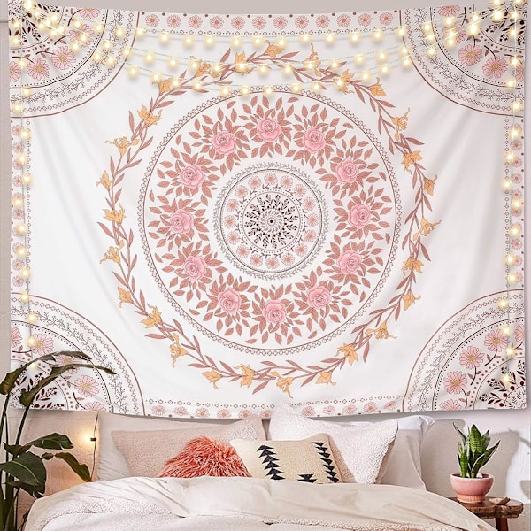 Mandala Gobelin Æstetisk, Boho Gobelin Vægophæng, Pink Blomster