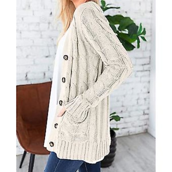 Kvinners Langærmet Kabelstrikket Cardigan med Lomme Casual Jakke Ensfarget (XL Beige)