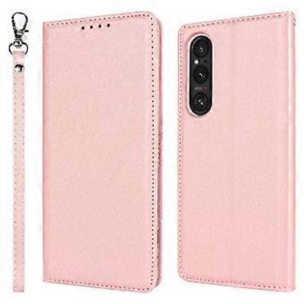PU Lær Telefondeksel for Sony Xperia 1 V Silke Tekstur Stativ Lommebok Telefonveske Deksel (Rose Gull)