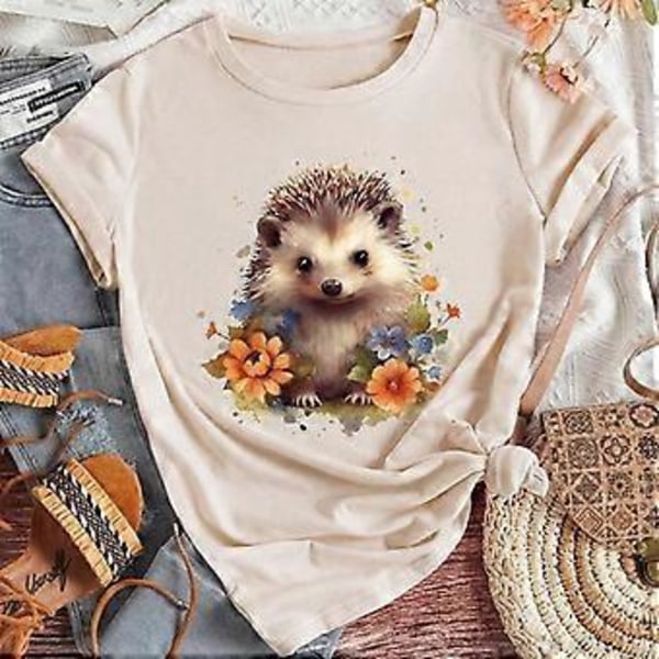 Mode Kvinder Sød Dyr Pindsvin Blomsterprint T-shirt Sjov Afslappet O-hals Kortærmet T-shirt Sommer Dame Tee Shirt (4XL beige)
