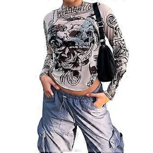 Långärmad Crewneck Topp Kvinnor Vår Sommar Elegant Trendig Slim Fit Tryckt Skjorta Blus För Fest (M)