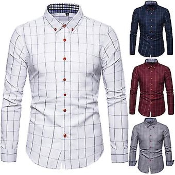 Hvit Skjorte for Menn, Rutete Trykk, Lang Erme, Knapp, Formell, Enkeltbryst, Varm, Business, Plus Størrelse, Høst Topp, Mannlige Klær (2XL)