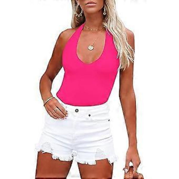 Sexy Casual Halter V-hals Ærmeløs Rygfri Slankende Y2k Tank Top Bodysuits (Stor)