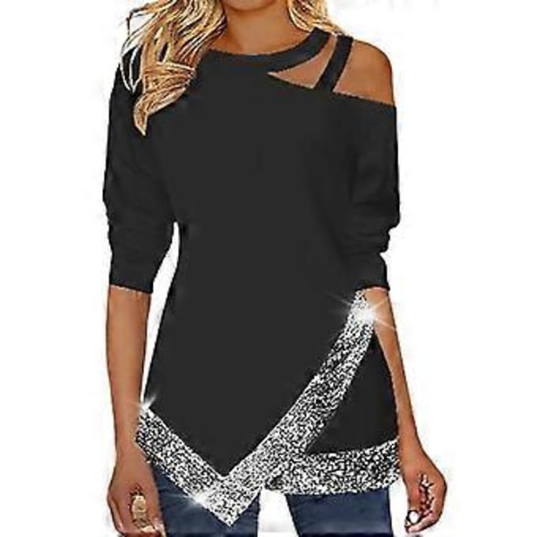 Dametøj Langærmet Off Shoulder Splice T-shirt Sommer Bluser Topper Fest Løse Skjorter Tees (S sort)