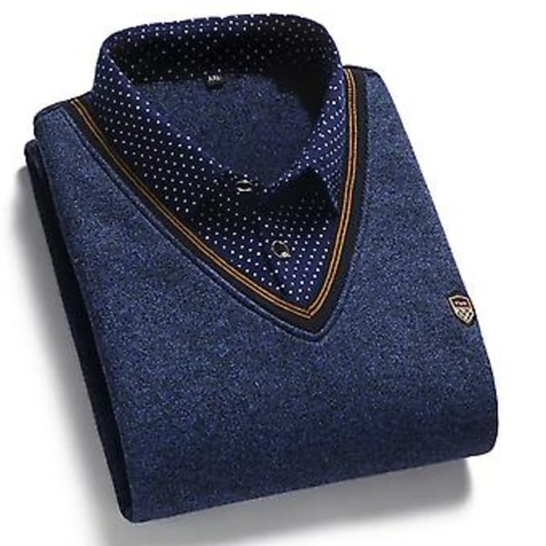Fianao Vårskjorte med prikkemønster, falsk todelt, nedfellbar krage, strikket basisskjorte for jobb (XL Blå)