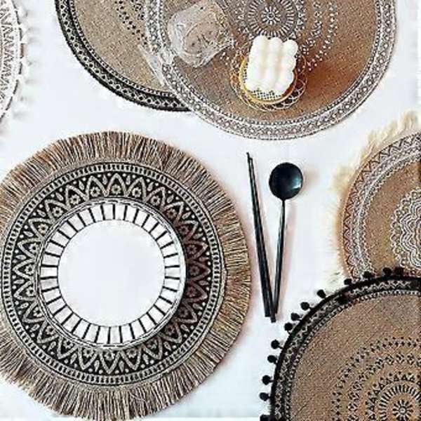 Sæt af 4 Boho Vævede Runde Bordskånere Håndlavede Bordskånere Vævet Jute Kvaster Retro Borddekoration Kant Bomuld Kaffe Skånere Vandafvisende (Boho Mix)