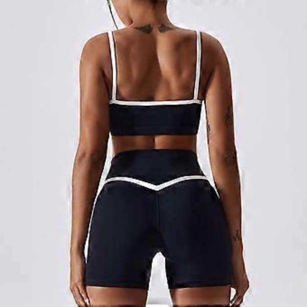 2-delat Yogasuits Färgblock Spaghettiband Kors Midja Kvinna Sport Yoga Suit för Löpning (S Shorts Avancerad Svart)