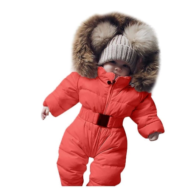 Unisex Baby Hooded Jumpsuit For 0-24 Months Boys Girls Jumpsuit Romper With Fur Collar Rose Red 70cm