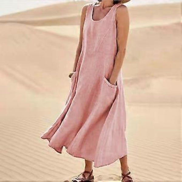 Ærmeløs bomuldslinnedkjole til kvinder med lommer, boheme-stil, strandtanktopkjole (L Pink)