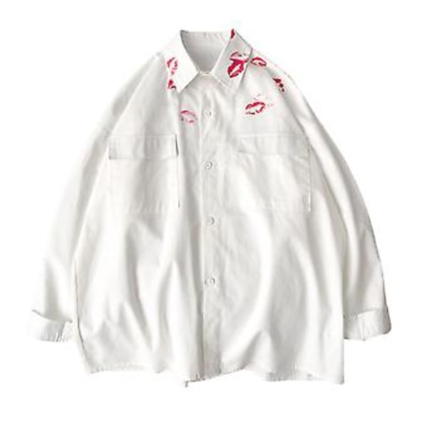 Skjortejakke med revers, lange ermer, klafflommer, enkeltradet, for menn, vår/høst, kyssprint, casual (2XL hvit)