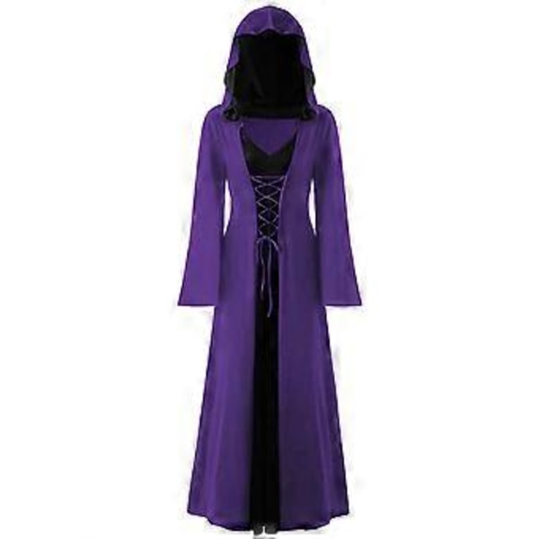 Naisten Plus-kokoinen Halloween Hupullinen Nauhallinen Tilkkutäkki Pitkähihainen Pitkä Mekko (M Violetti)