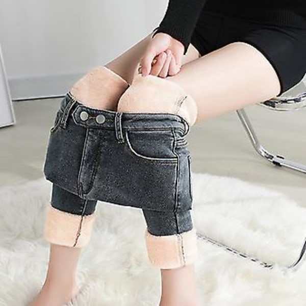 Dame Vinter Varme Bukser Højtaljede Mode Termiske Fleece Jeans Leggings til Afslappet (25 Blågrå Pløs)