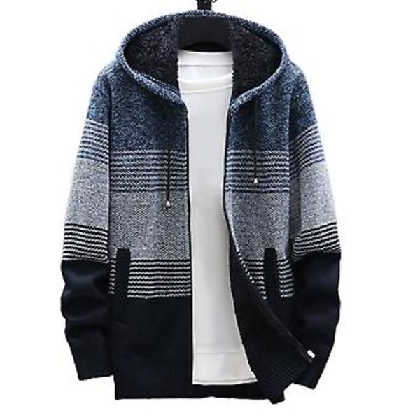 Fianao Herrar Stickad Kavaj Färgblock Huva Höst Vinter Tjock Plysch Varm Cardigan Tröja (L Blå Grå)