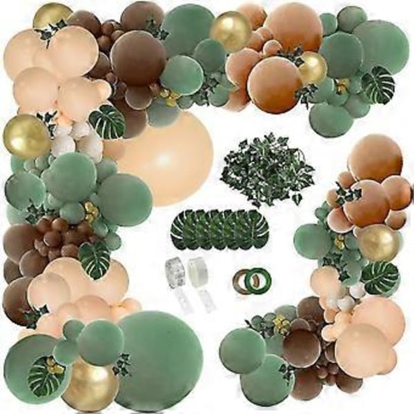 142-dels Ballongirlang Kit i Salviagrön och Brun, Djungel Safari Vildskog Ballongbåge, Olivgrön Guld Kaffe Kakao Ballonger för Födelsedag Bröllop