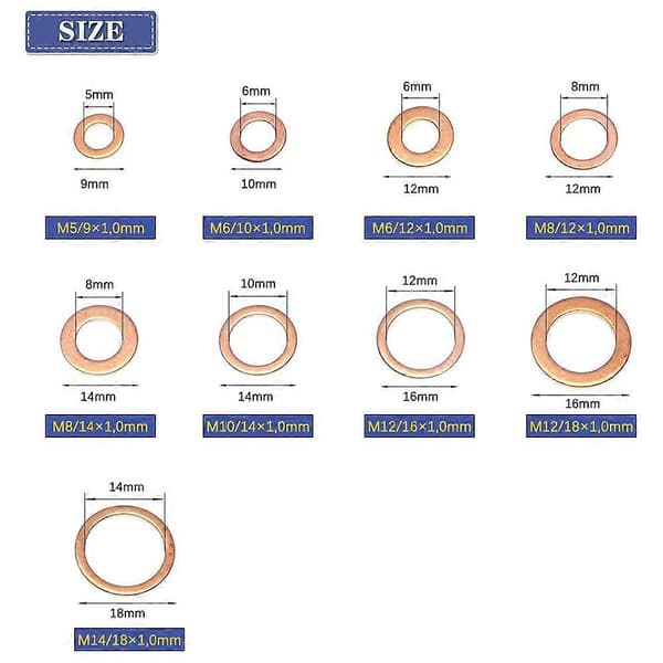 200 stk. Flat Kobber Skive Sortiment Sett M5-M14 O-ring Kobberpakninger Sett Flat R