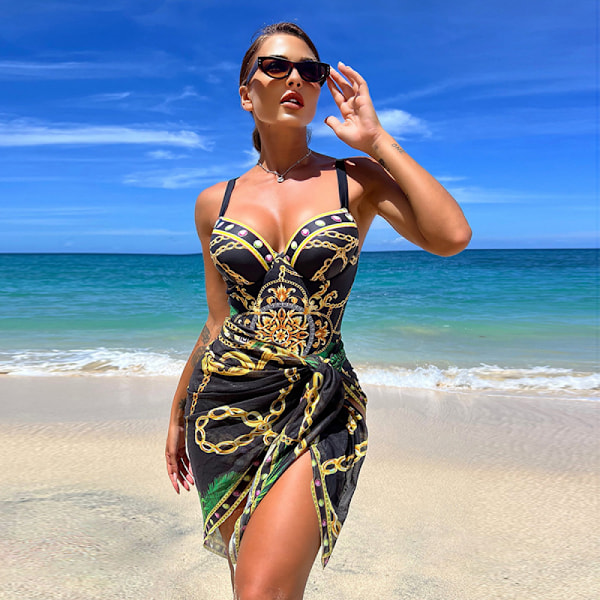 One Piece badedragt med cover up sæt - Bohofeel Chain Print Push Up badedragter med strand nederdel Sexy badetøj  XL blå