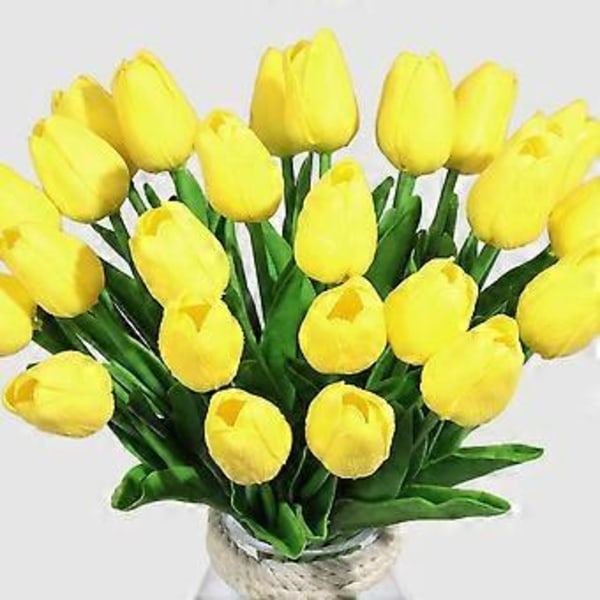 Verklighetstrogna konstgjorda blommor i naturlig storlek, sammetslen textur latex tulpaner för bröllopsbukett heminredning (Gul, 10 st)