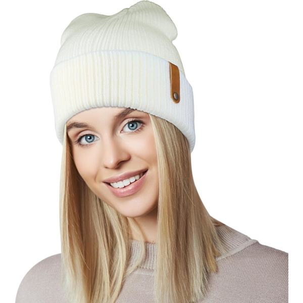 Hue til kvinder, hvid vinterhue til kvinder, strikket hue med manchet, blød vinterhue til vinter, koldt vejr, udendørsaktiviteter (hvid) 52-60CM