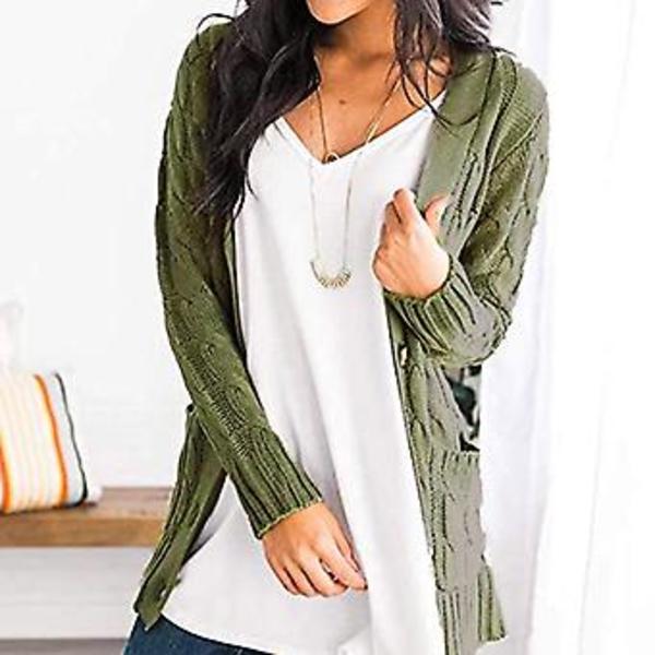 Kvinnors Långärmad Kabelstrickad Cardigan med Fickor Casual Kavaj Enfärgad (S Khaki)