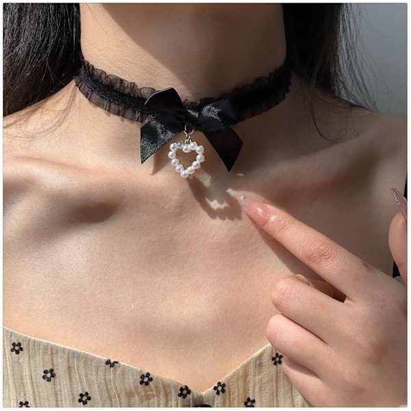 Sexig spetsbågskrage choker halsband Lolita sammet hjärta hänge slips halskedja gotisk cosplay hals accessoarer för kvinnor