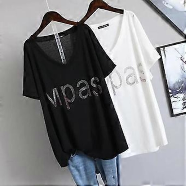 Ekstra Stor Størrelse T-shirt Dame Sommer V-hals Tøj Mode Løs Diamantbesat Bogstav Kortærmet T-shirt Dame (L sort)