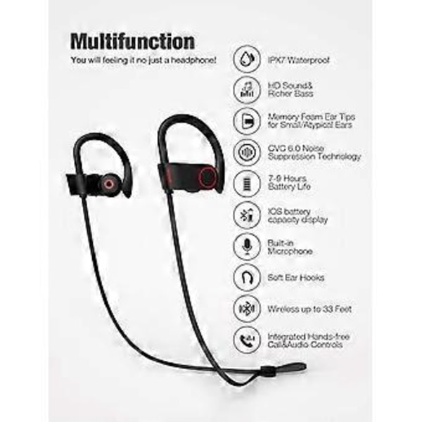 Bluetooth-kuulokkeet Langattomat Kuulokkeet IPX7 Urheilukuulokkeet Musta