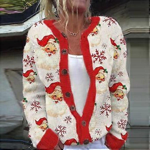 Ful Christmas-tröja för kvinnor, Jul-knapptröja, Vinterstickad Ytterkläder, Kavaj (S F)