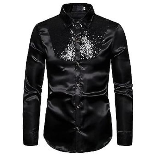 Mænd Sequin Slim Fit Knapløs Skjorte Fest Langærmet Kjole Skjorte Casual Tops (M Sort)