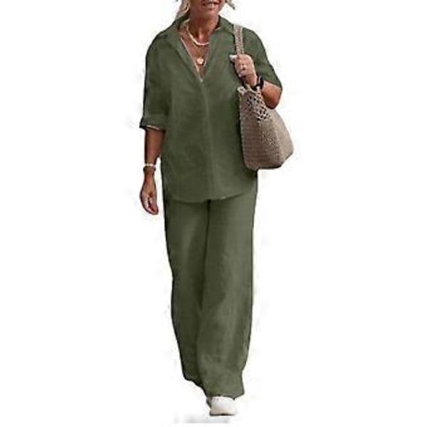 1 Set Trendiga Dam Casual Skjorta Byxor Kläder Plus Size Bomull Linne Topp Vida Ben Byxor Lös Outfit Pendling (M mörkgrön)