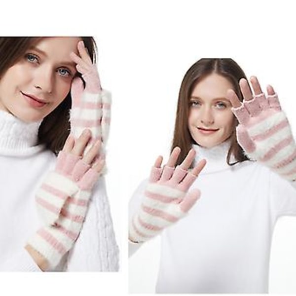 Plush Strikket Handsker Strækbare Handsker med Flip Top Stribede Fingerløse Handsker (Roserød)