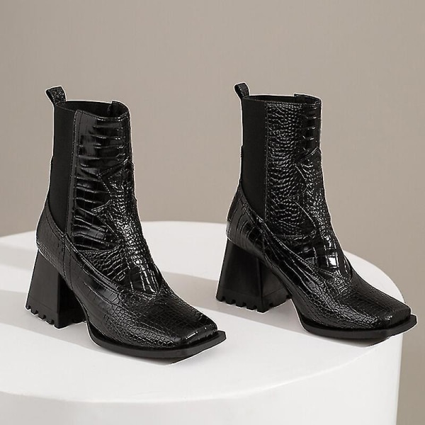 Women Walking Fashion Dress Shoes Casual Animal Print Chunky Heeled Boots High Heels Black EU 38