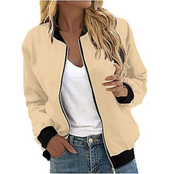 Damjacka, Lättvikts Zip Up Casual Bomberjacka, Ståuppkrage, Kort Ytterplagg, Toppar, XXL, Khaki